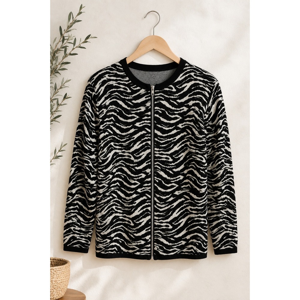Zebra Print Zip Cardigan Black White Knit Jacket Made in Canada Y2K 90s size XXL